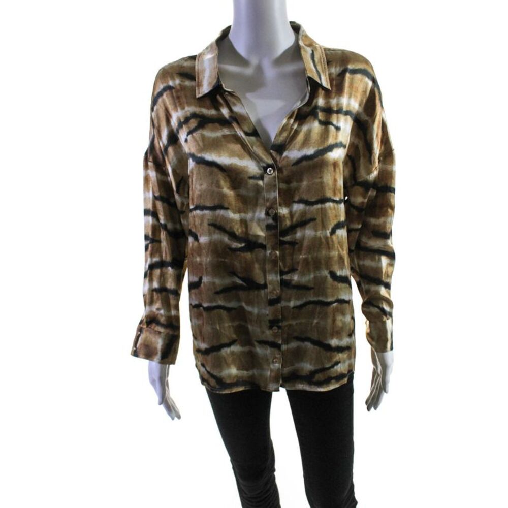 As by Df Womens Silk Charmeuse Abstract Print Button Down Blouse Brown Size XS